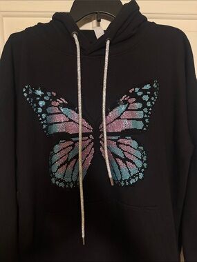 Black Hoodie Sweater with Pink & Blue Rhinestone Butterfly